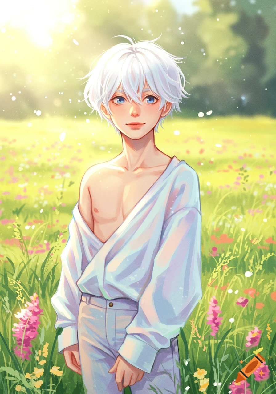 Anime illustration of a white-haired young man with blue eyes, standing in an open white shirt in a sunny field of flowers.