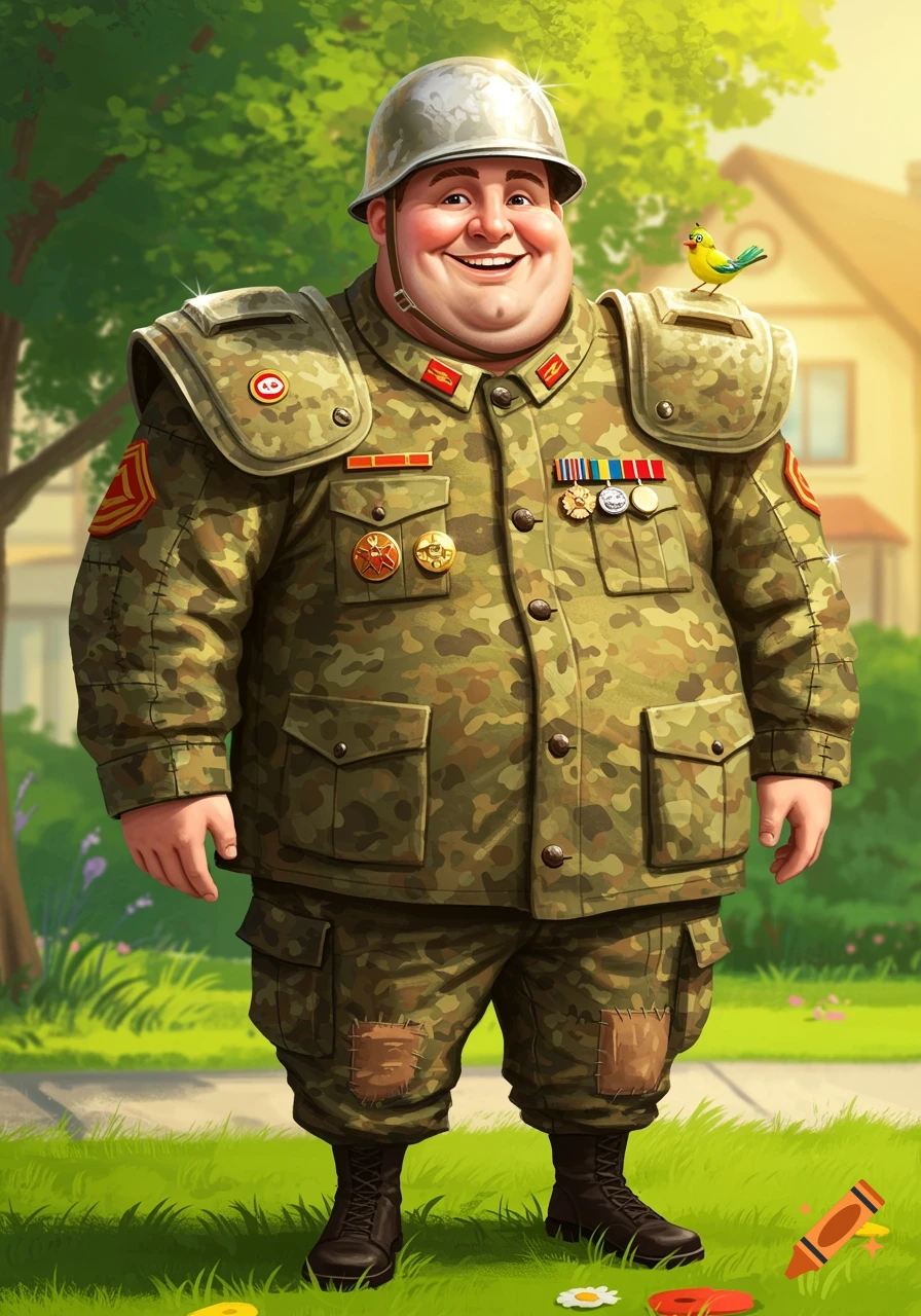 A plump, smiling cartoon man in a military uniform and helmet stands in a grassy yard with a small bird on his shoulder.