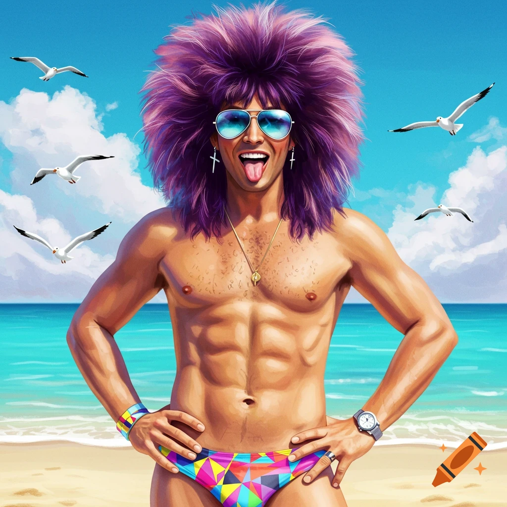 A muscular man with large purple 80s hair and sunglasses poses on a sunny beach in a colorful speedo, with seagulls flying above.