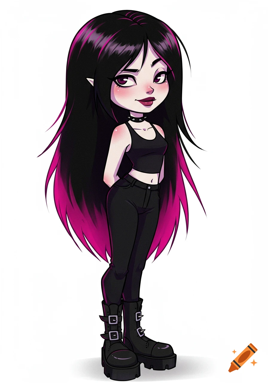 A cute cartoon goth girl with long black hair and pink highlights, wearing a black crop top, black pants, and platform boots.
