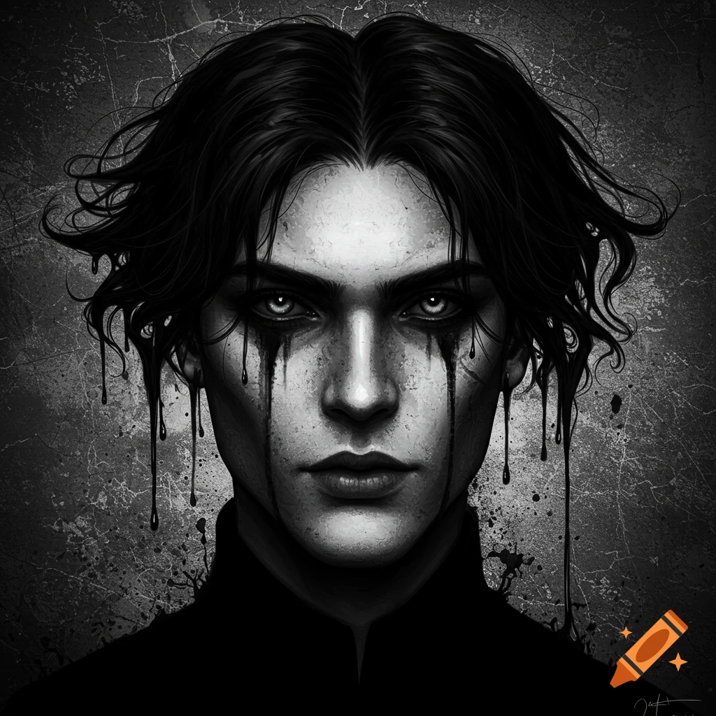 Black and white gothic portrait of a male figure with dark, dripping streaks from his eyes and hair against a textured background.