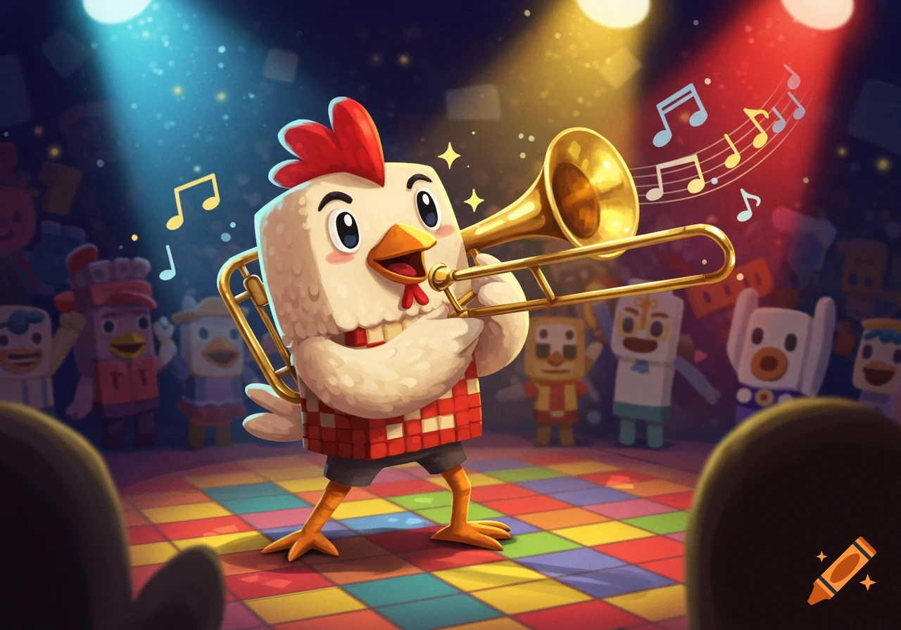 A cheerful Crossy Road chicken mascot plays a trombone on a vibrant disco stage, surrounded by musical notes and other blocky characters.