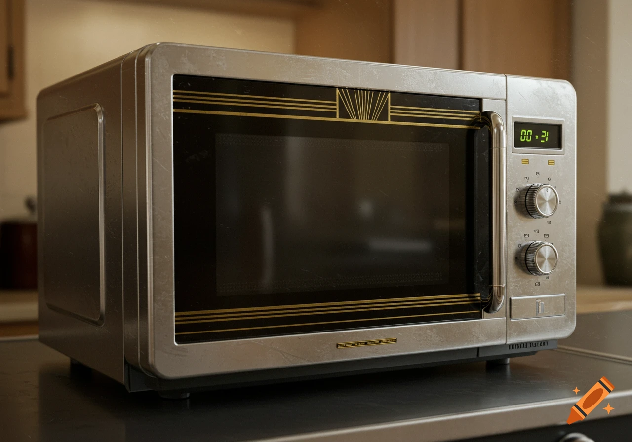 A close-up, photorealistic image of a vintage-style Art Deco microwave with a metallic finish and gold trim, displaying '00:21' on its digital screen.