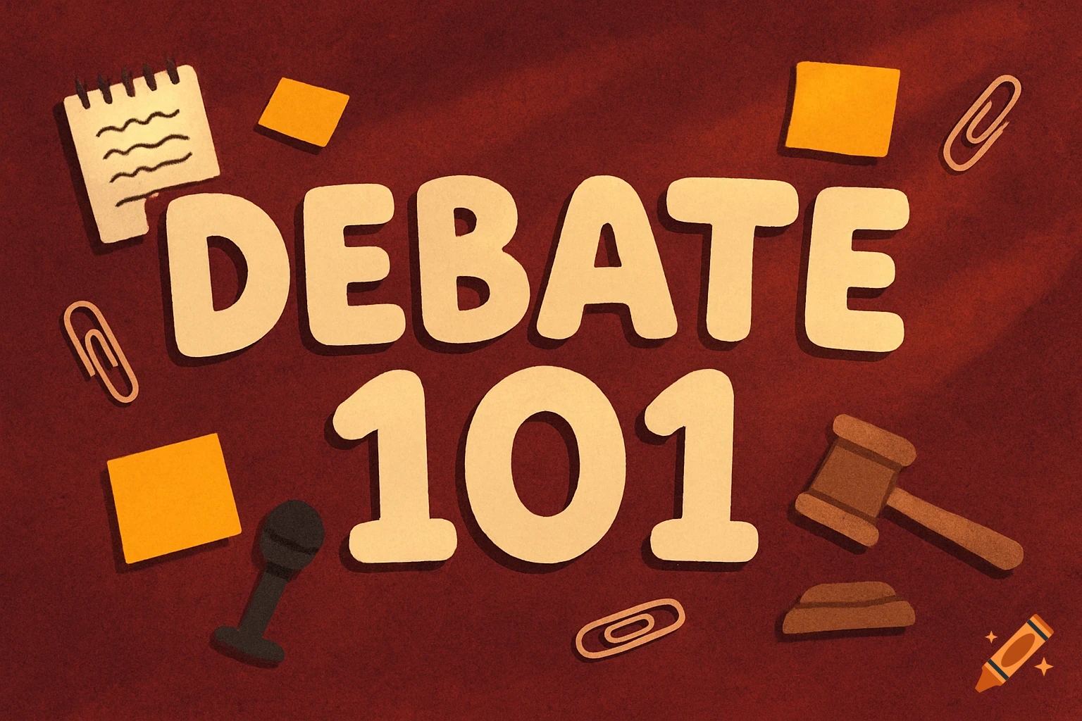 The text 'DEBATE 101' in beige bubble letters on a burgundy background, surrounded by paper illustrations of office supplies and a gavel.