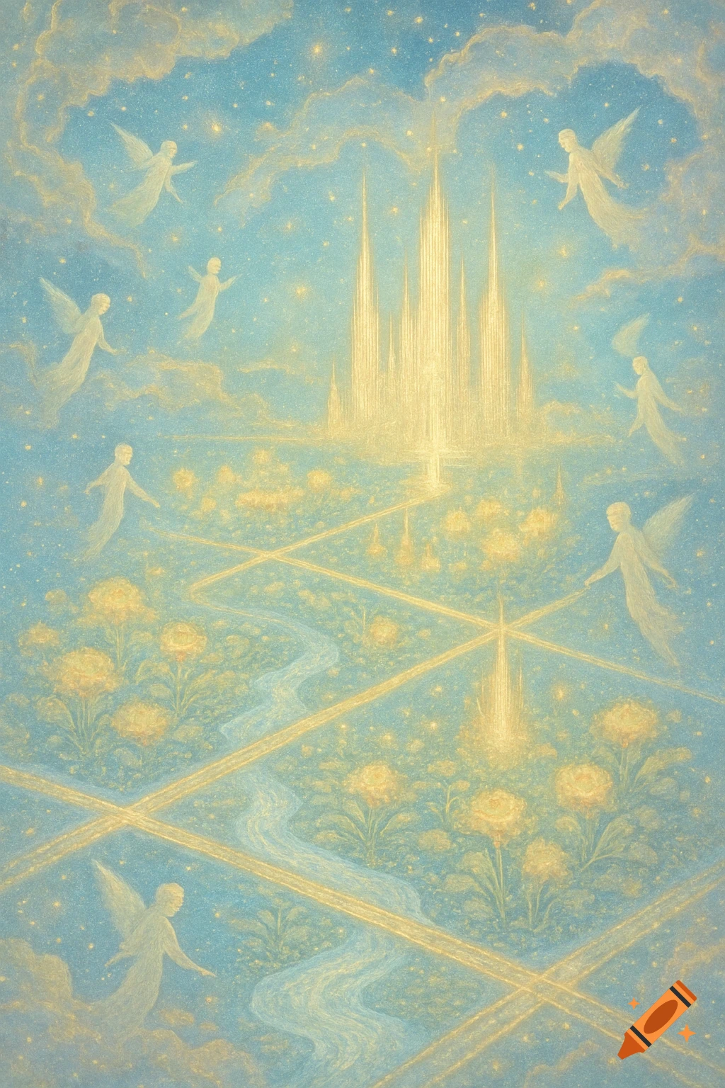 A serene, celestial landscape with a golden castle, floating angels, golden flowers, and a winding river under a starry blue sky.