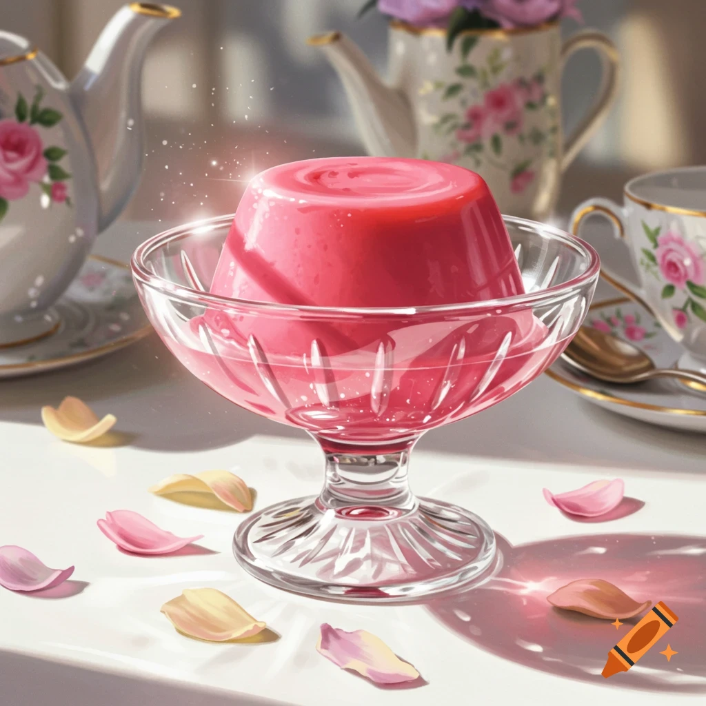 A vibrant pink pudding in a glass dish on a table with ornate teapots and scattered pink and yellow flower petals, bathed in sunlight.
