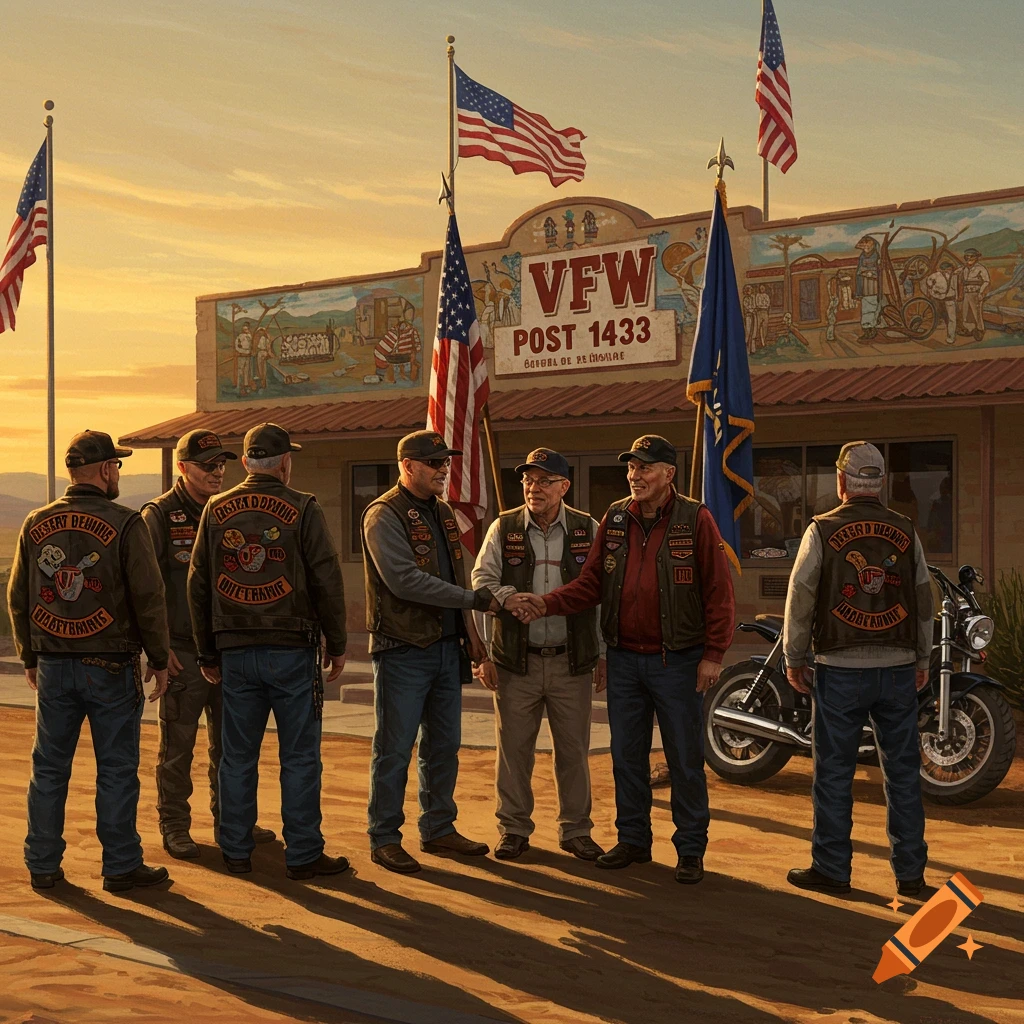 A group of men, likely veterans, some wearing leather jackets with patches, shake hands in front of a VFW post building with American flags at sunset.