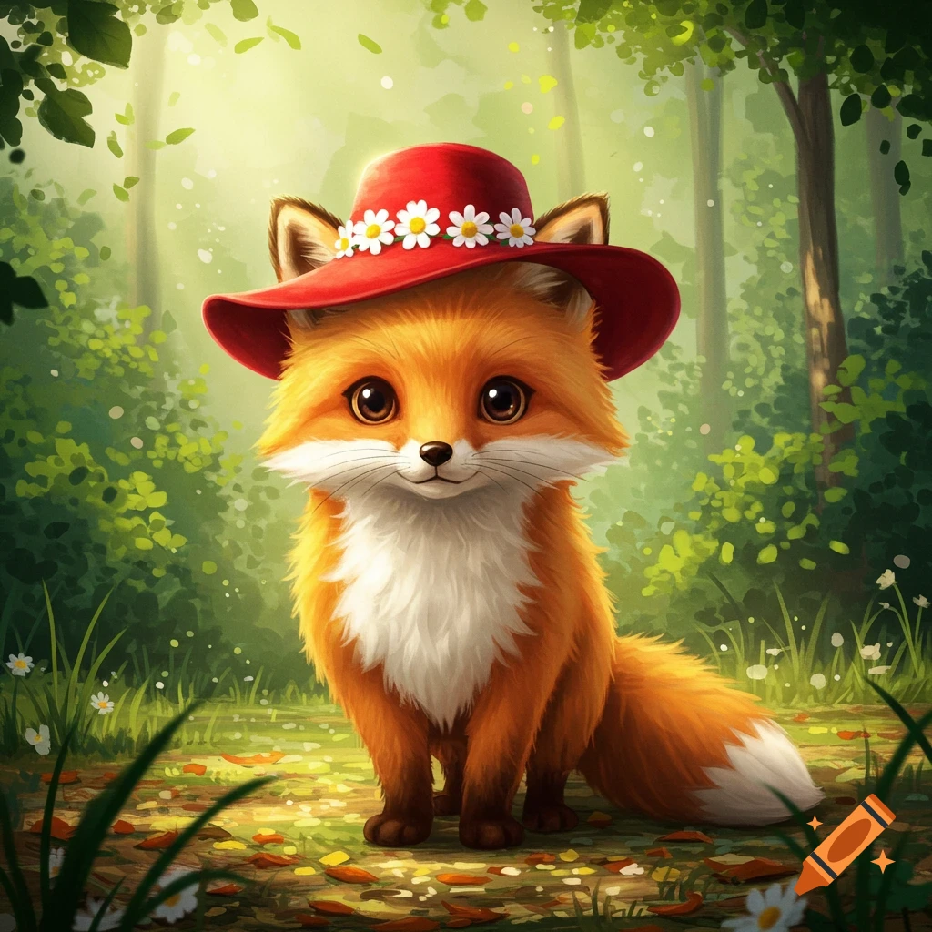 A cute stylized cartoon fox wearing a red hat with white flowers, sitting in a sunny forest.