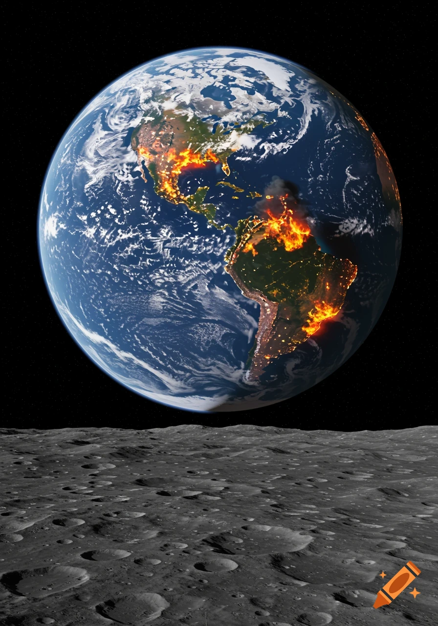 A photorealistic view of planet Earth from the moon, with large sections of its continents ablaze.