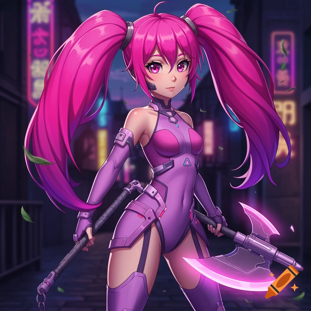 An anime girl with long pink pigtails and pink eyes, wearing a purple futuristic outfit, holding a glowing double-sided axe, standing on a neon-lit city street.