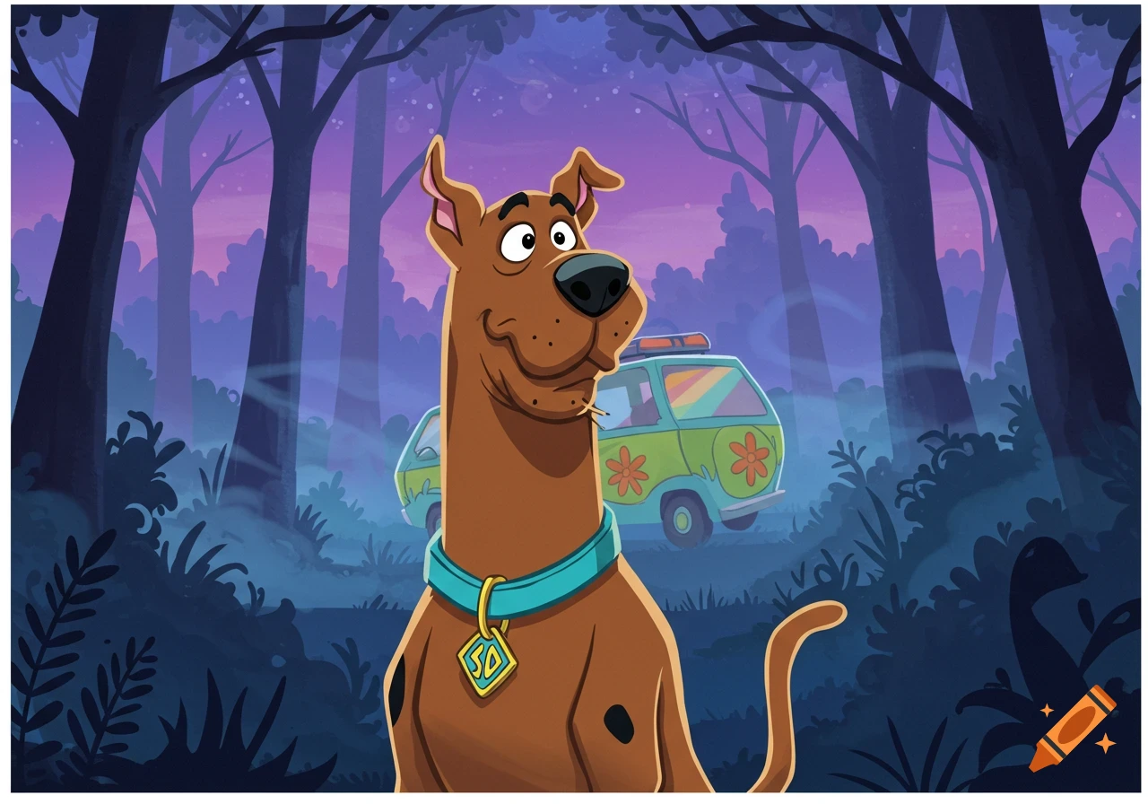 Scooby-Doo, a brown cartoon dog, stands in a mystical forest with the Mystery Machine van behind him.