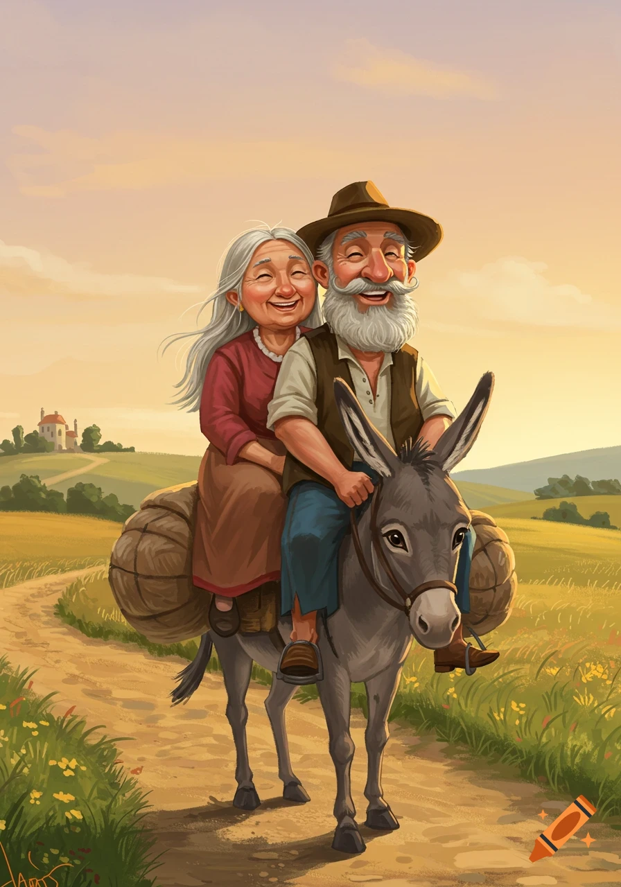 A happy elderly couple, with long white hair and thick beards, riding a donkey down a dirt road through a sunny rural landscape, in a cheerful cartoon style.
