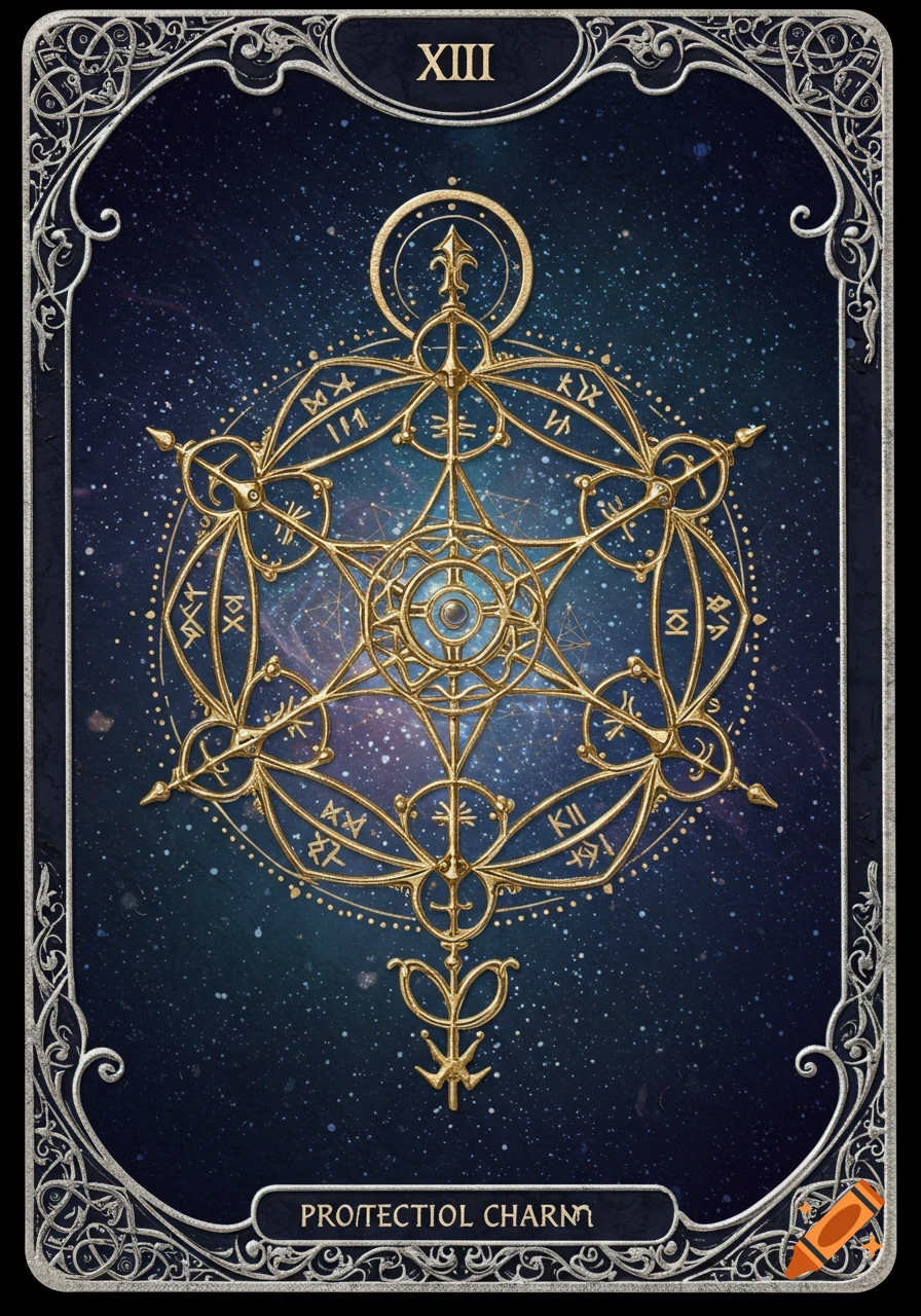A stylized tarot card with a golden alchemy symbol on a starry background, featuring the Roman numeral XIII and text 'PROTECTIOL CHARM'.