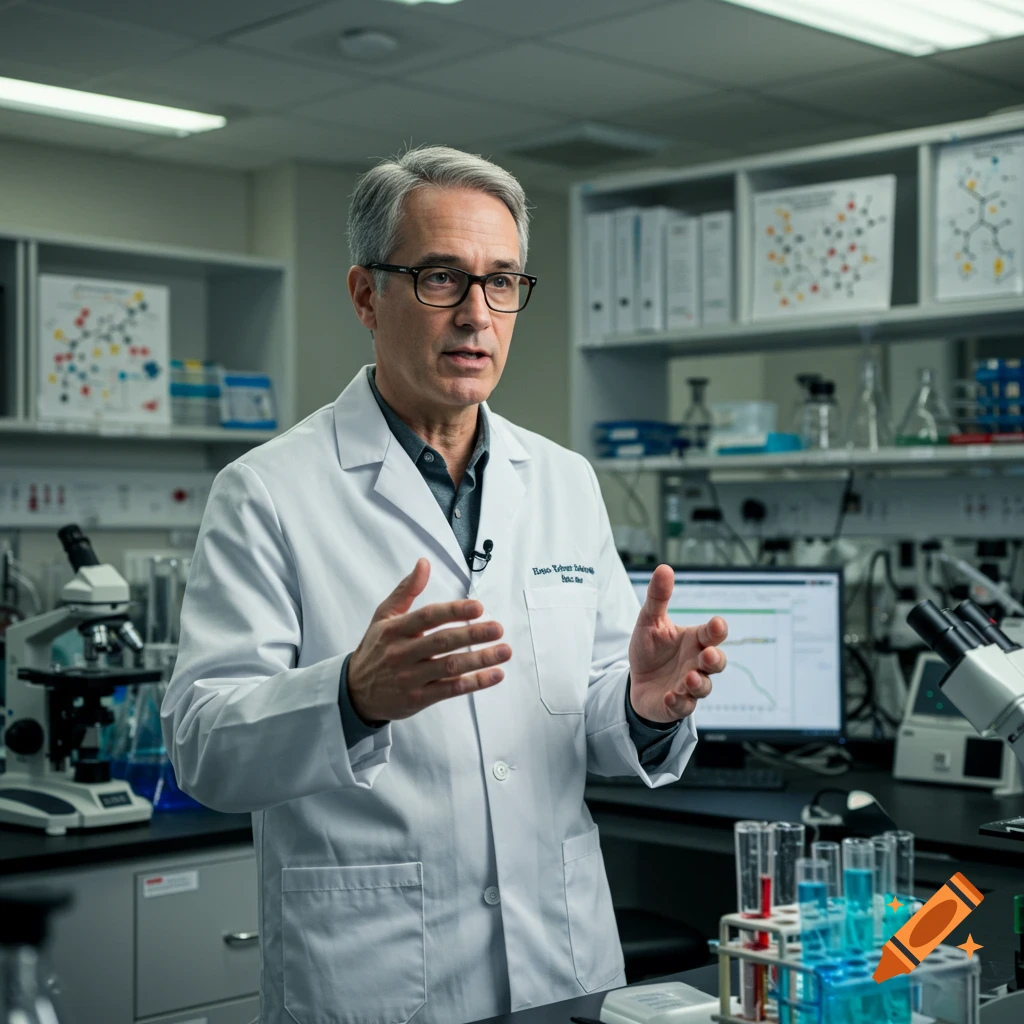 A male professor in a white lab coat stands in a brightly lit laboratory, gesturing with his hands while speaking.