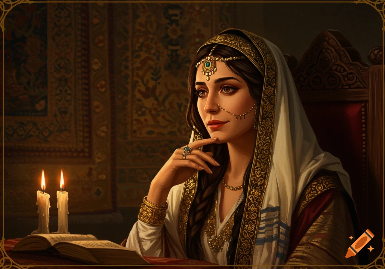 A stylized portrait of a woman in ornate traditional attire, with jewelry and a head covering, sitting by candlelight with an open book.