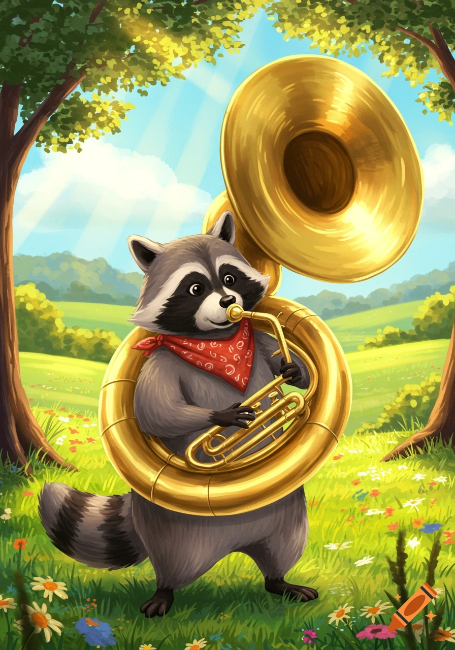 A cartoon raccoon wearing a red bandana plays a huge golden sousaphone in a sunny green field with trees and wildflowers.