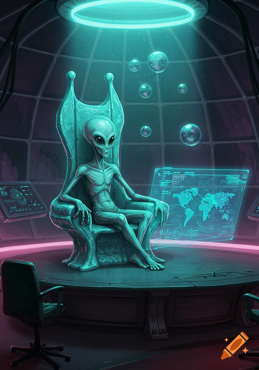 A grey alien sits on a large, ornate teal throne in a futuristic, domed room with glowing blue lights and holographic screens.
