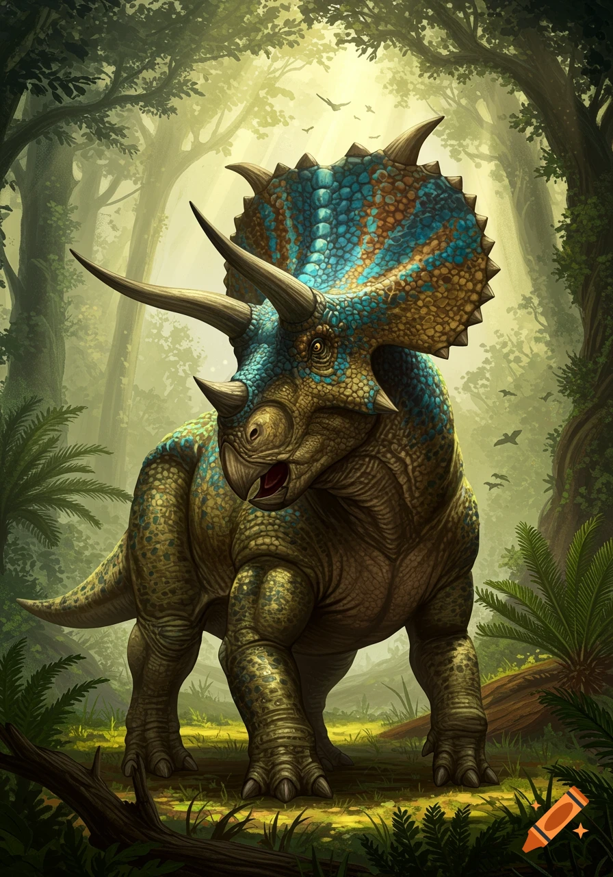 A detailed illustration of a large, colorful ceratopsian dinosaur with blue and brown patterns on its frill and body, standing in a lush green prehistoric jungle with sunlight filtering through the trees.