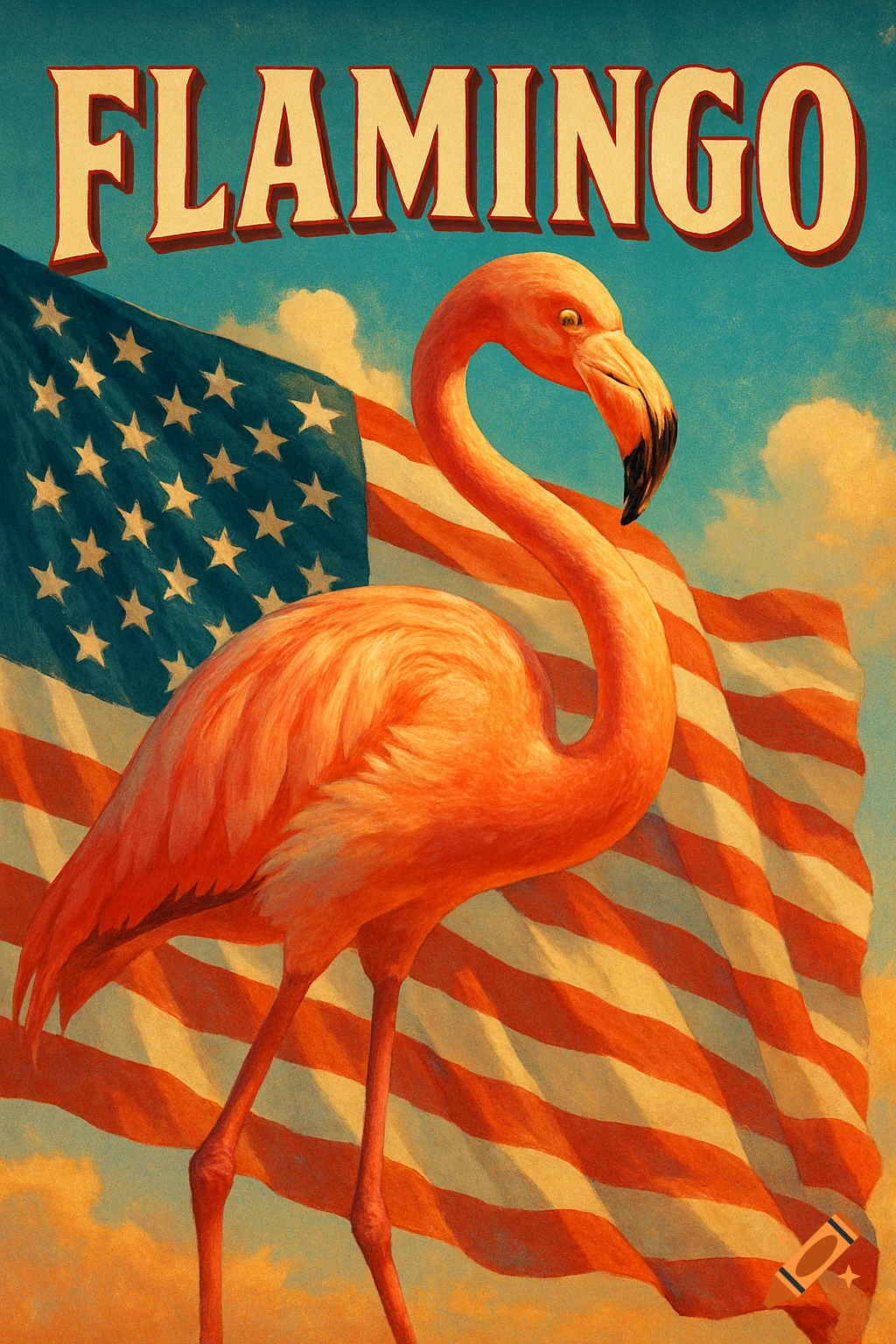 A vintage-style poster featuring a flamingo in front of a waving American flag with the word 'FLAMINGO' at the top.