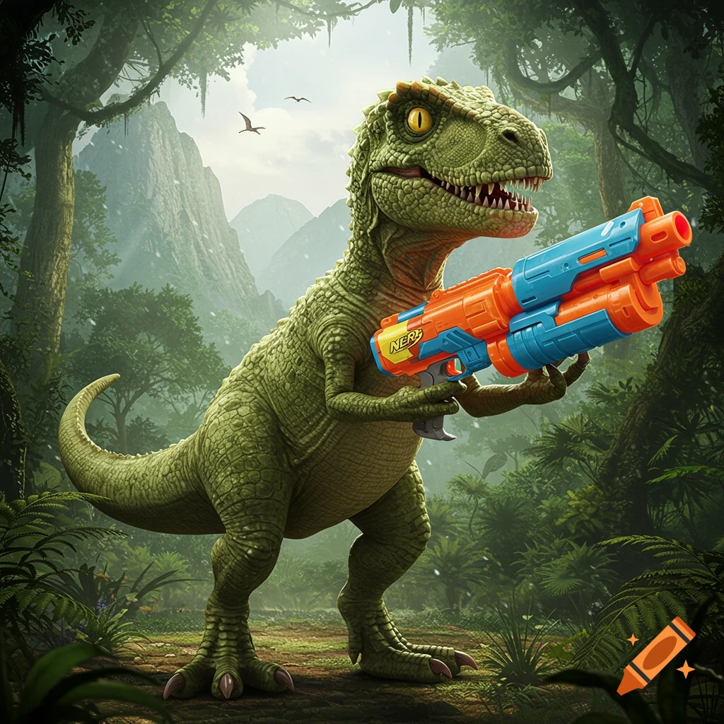 A green dinosaur stands in a lush jungle holding a blue and orange Nerf toy gun.