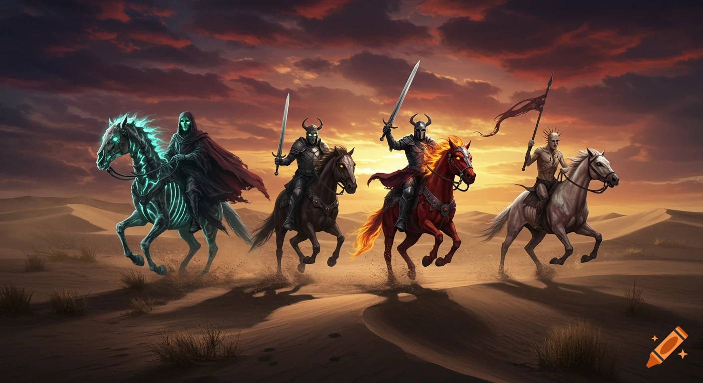 The Four Horsemen ride their distinct steeds across a desert landscape under a fiery sunset sky, in a dark fantasy style.