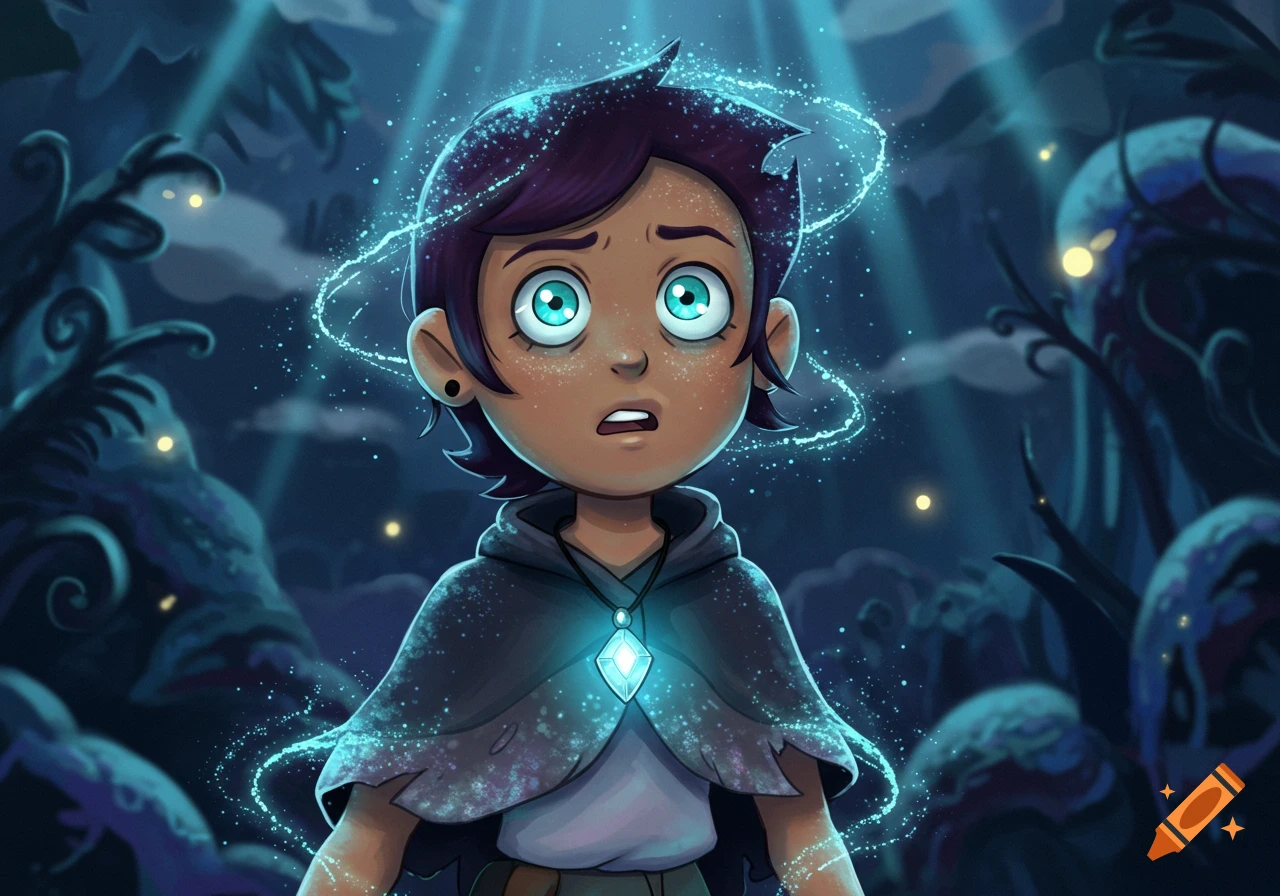Luz Noceda from The Owl House, empowered by glowing blue magic and a pendant, looks surprised in a dark, mystical forest.