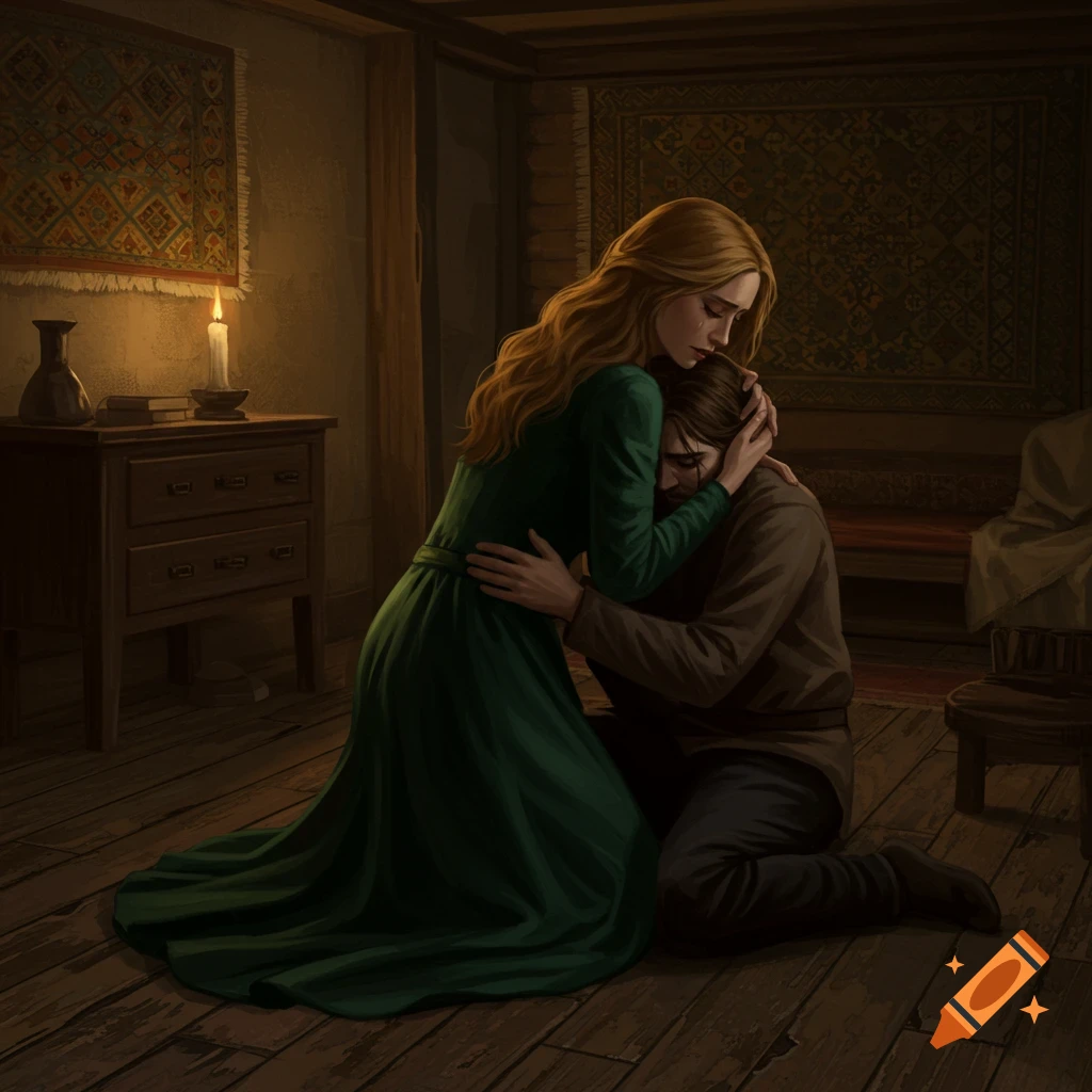 A woman in a green dress kneels, comforting a sorrowful man in a dimly lit, rustic room, rendered in a realistic painting style.