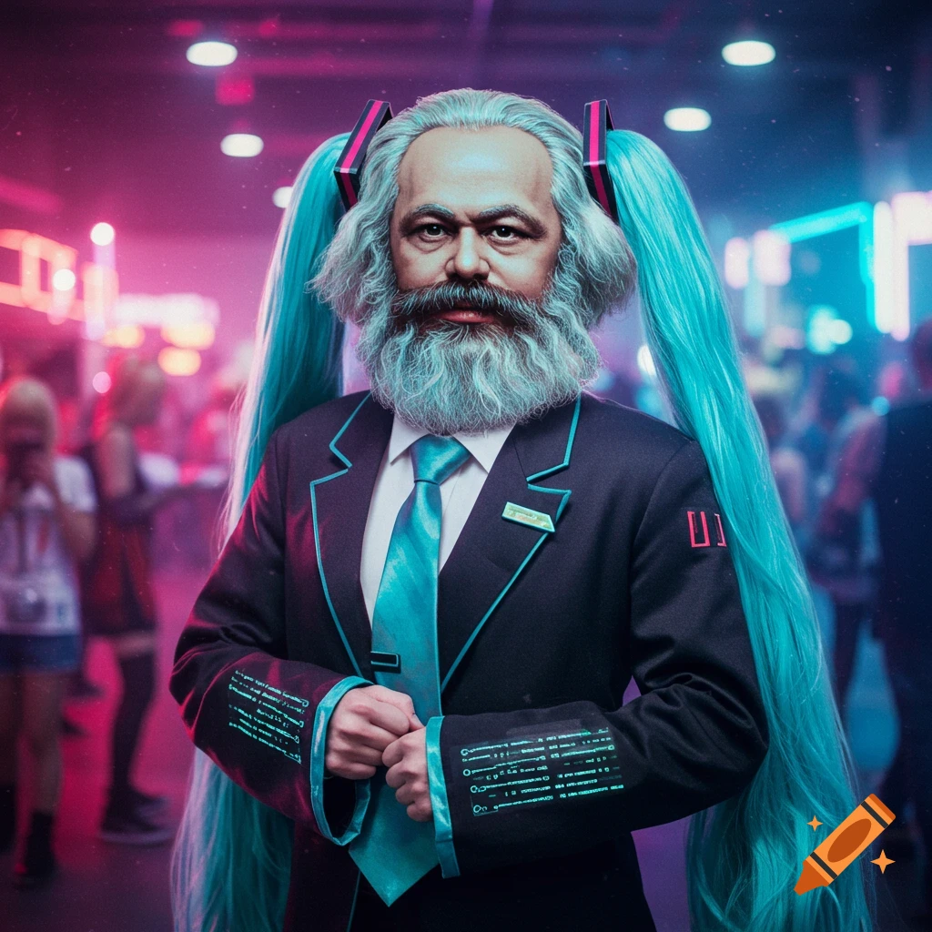 A photorealistic portrait of Karl Marx with long turquoise pigtails like Hatsune Miku, wearing a black suit with turquoise trim and tie, standing in a neon-lit, blurred background.