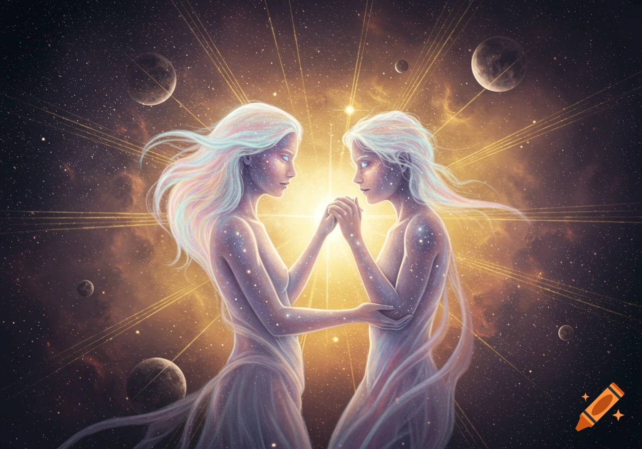 Two ethereal, star-dusted figures with flowing white hair hold hands, bathed in golden light amidst a cosmic background of stars and planets.