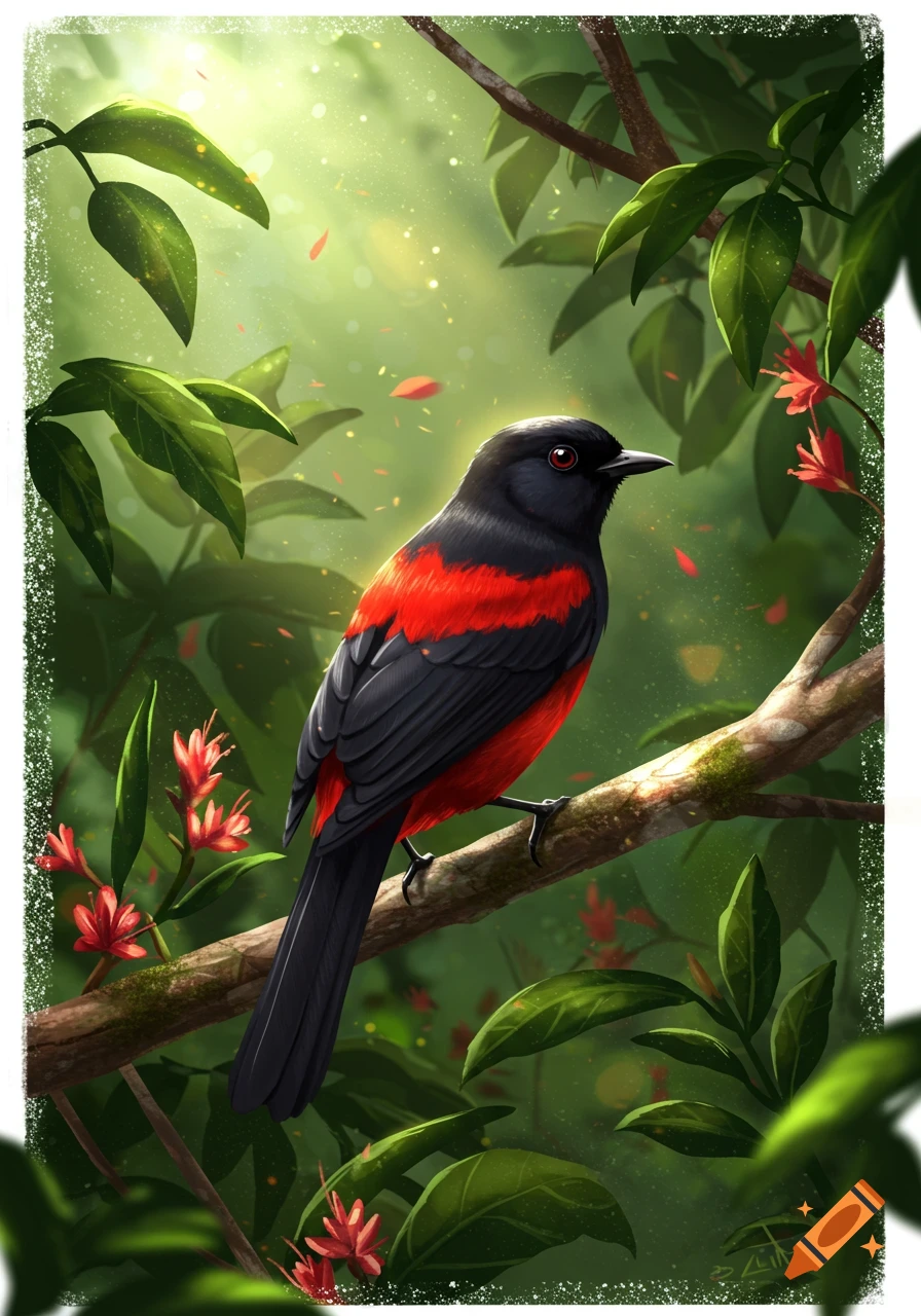 A vibrant black and red manakin bird perches on a mossy branch in a lush, sunlit tropical forest.