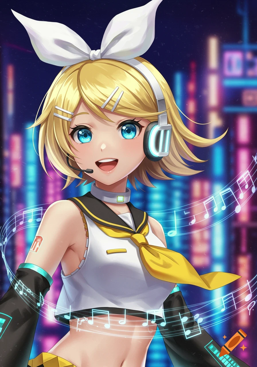 Anime girl Kagamine Rin smiling, wearing headphones and a performer outfit with musical notes, against a vibrant neon city background.
