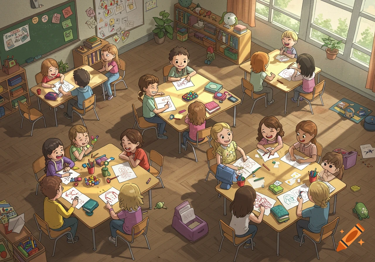 An overhead view of a diverse group of young children drawing and coloring at tables in a bright, sunny classroom.