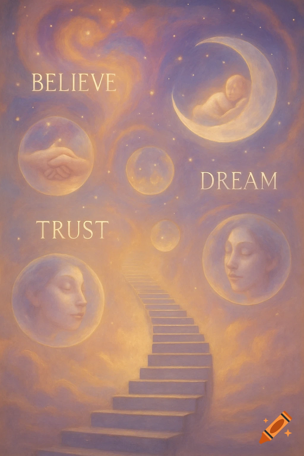 Dreamy painting with text 'BELIEVE', 'TRUST', 'DREAM', a baby in a moon, faces in bubbles, and a staircase ascending into a starry sky.