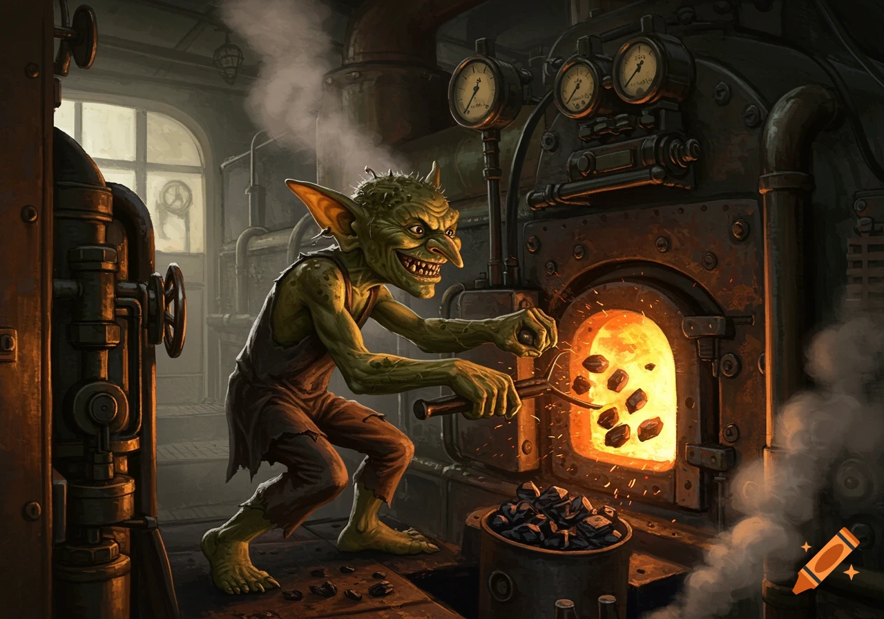 A green goblin stoking coal into a glowing furnace in a dark, steampunk-style engine room.