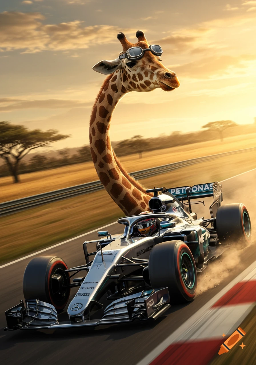 A photorealistic giraffe wearing goggles drives a Formula 1 race car on a track at sunset in a savanna.