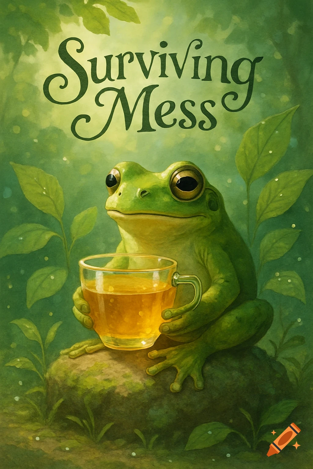 A cute green frog sits on a mossy rock, holding a teacup with yellow liquid. Lush green forest background with the text 'Surviving Mess'.