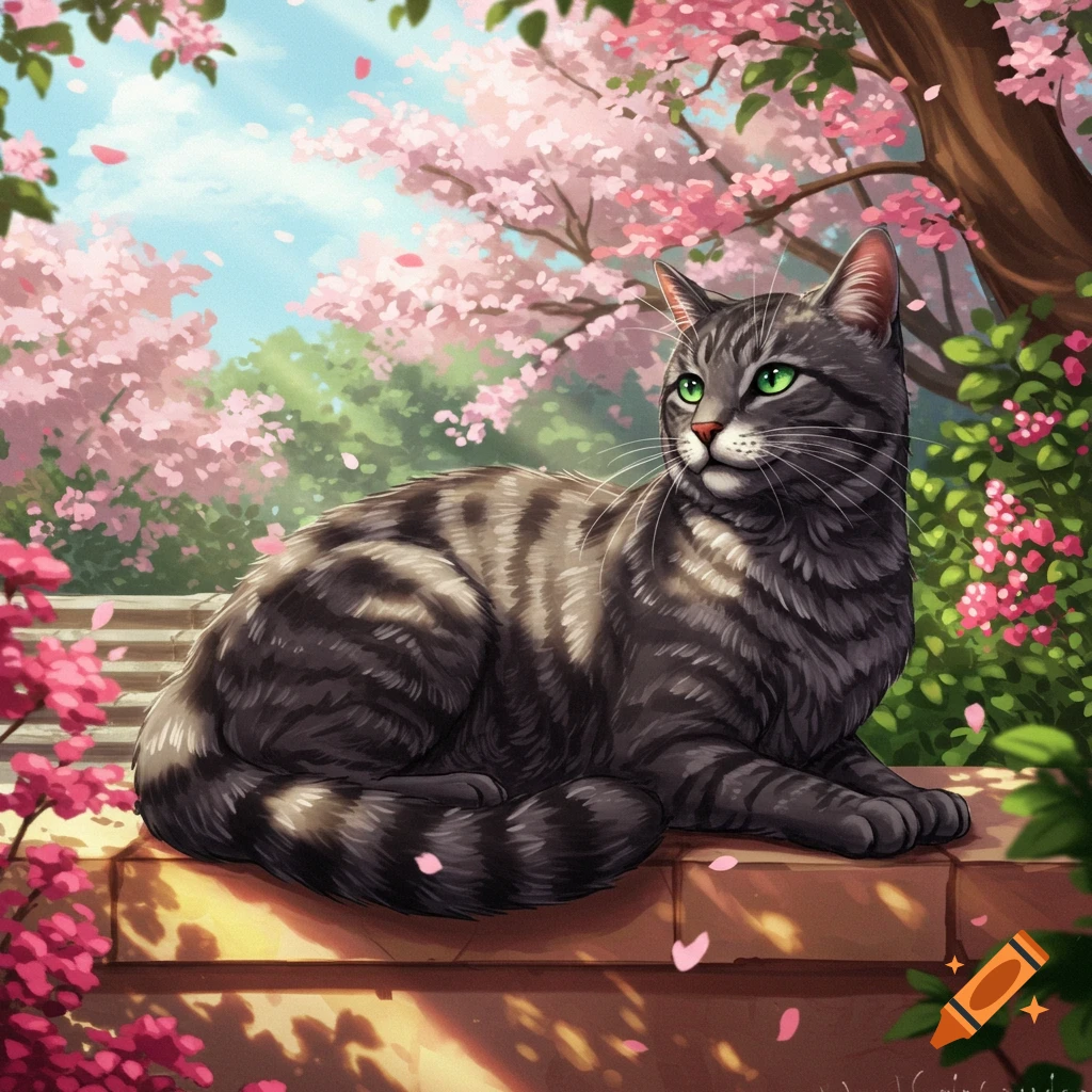 A gray tabby cat with green eyes rests on a stone wall amidst pink cherry blossoms and green foliage under a blue sky.