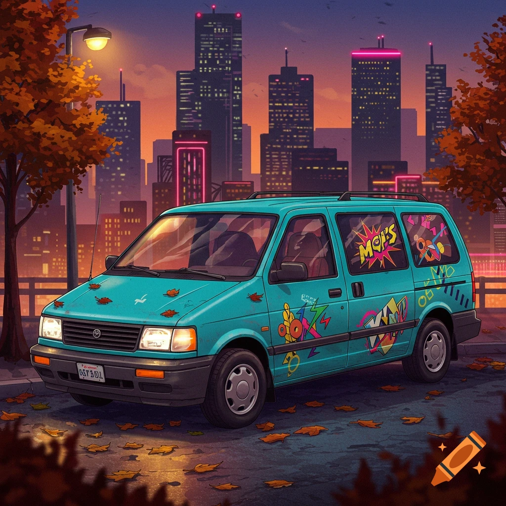 An illustrated teal 80s-style minivan with colorful graffiti art parked on an autumn city street at dusk.