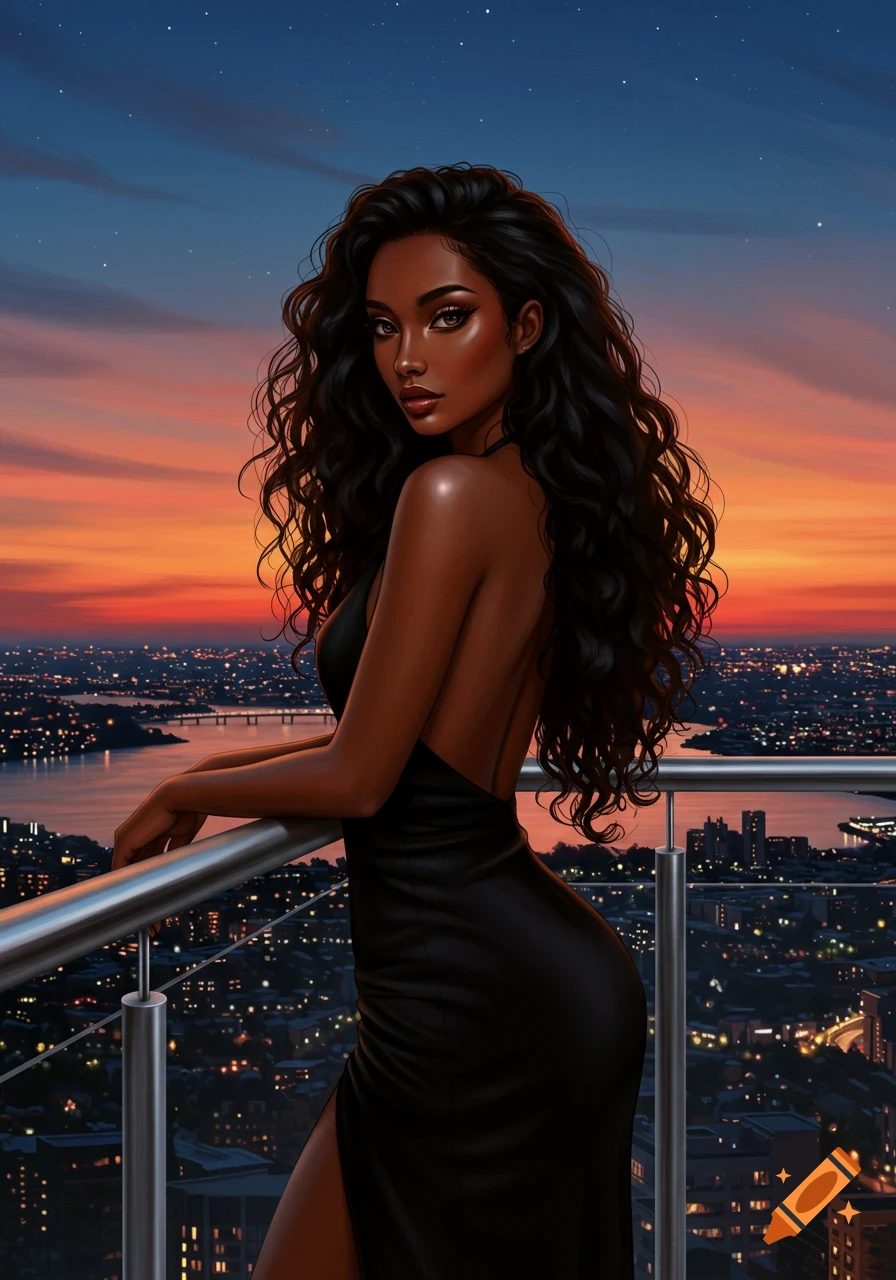 An illustrated woman in a black dress on a penthouse balcony overlooking a city at dusk.