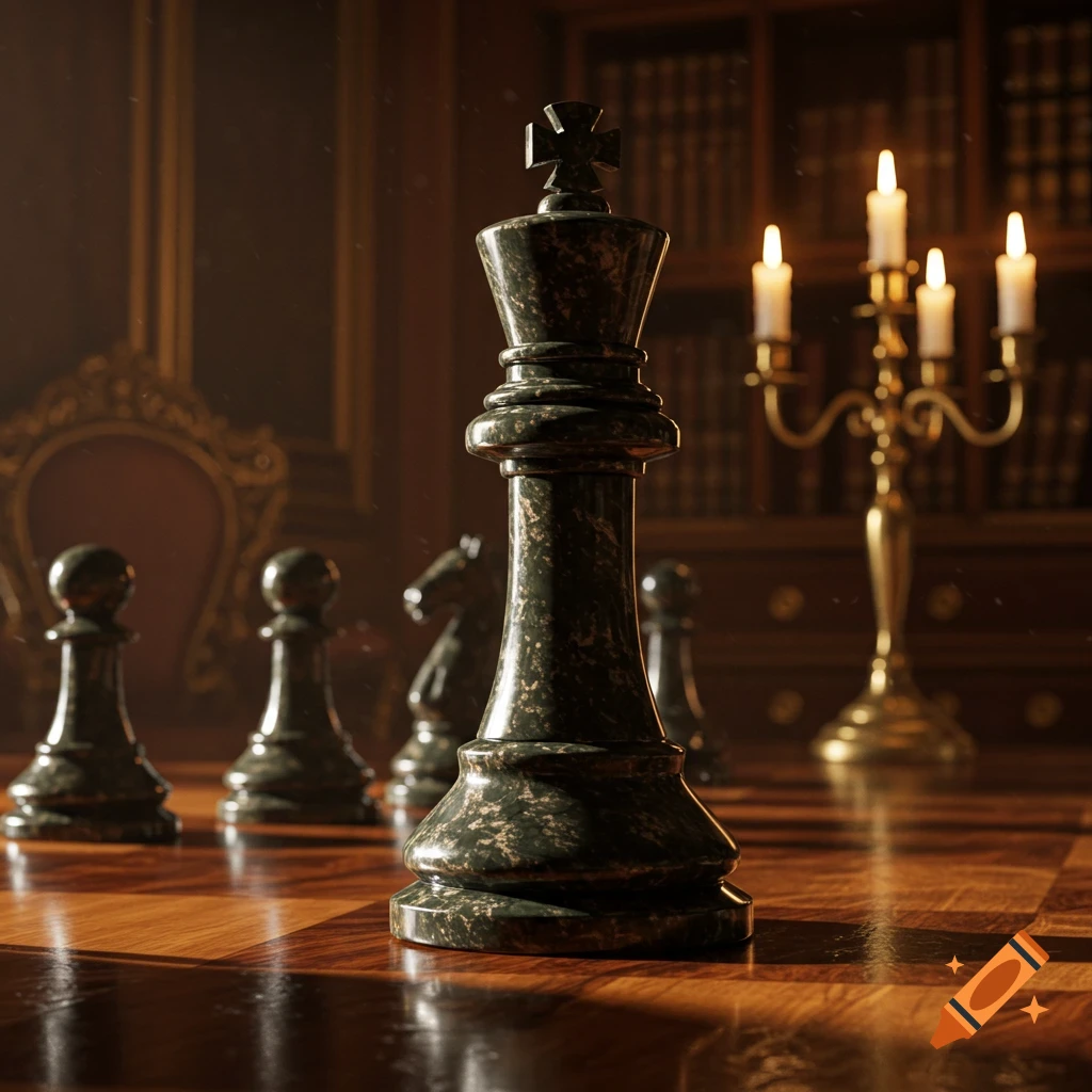 A photorealistic image of a dark marble chess king piece on a wooden board, with a candelabra and bookshelves in a dimly lit, luxurious room.