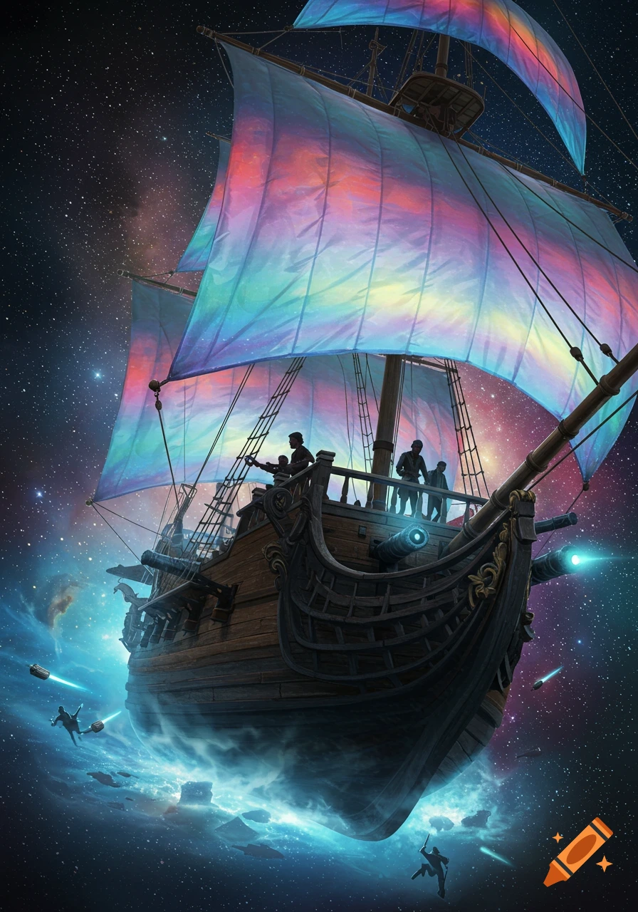 A majestic wooden pirate ship with vibrant rainbow sails navigates through a starry galaxy, firing glowing cannons.