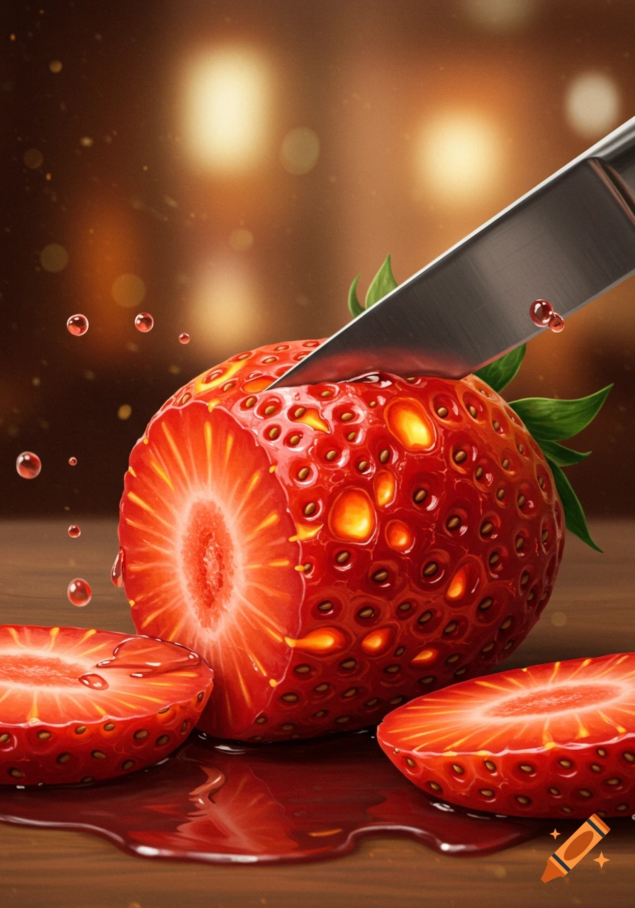 A close-up of a vibrant red, lava-textured strawberry being sliced by a knife, with juice pooling around it on a wooden surface.
