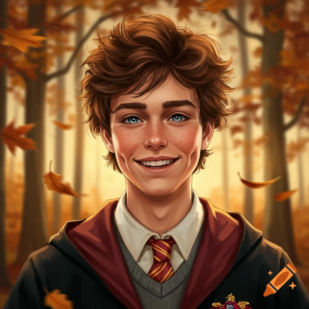 A smiling teenage boy with brown curly hair, blue eyes, and freckles, wearing a Gryffindor robe in a fall forest setting with falling leaves. Digital art.