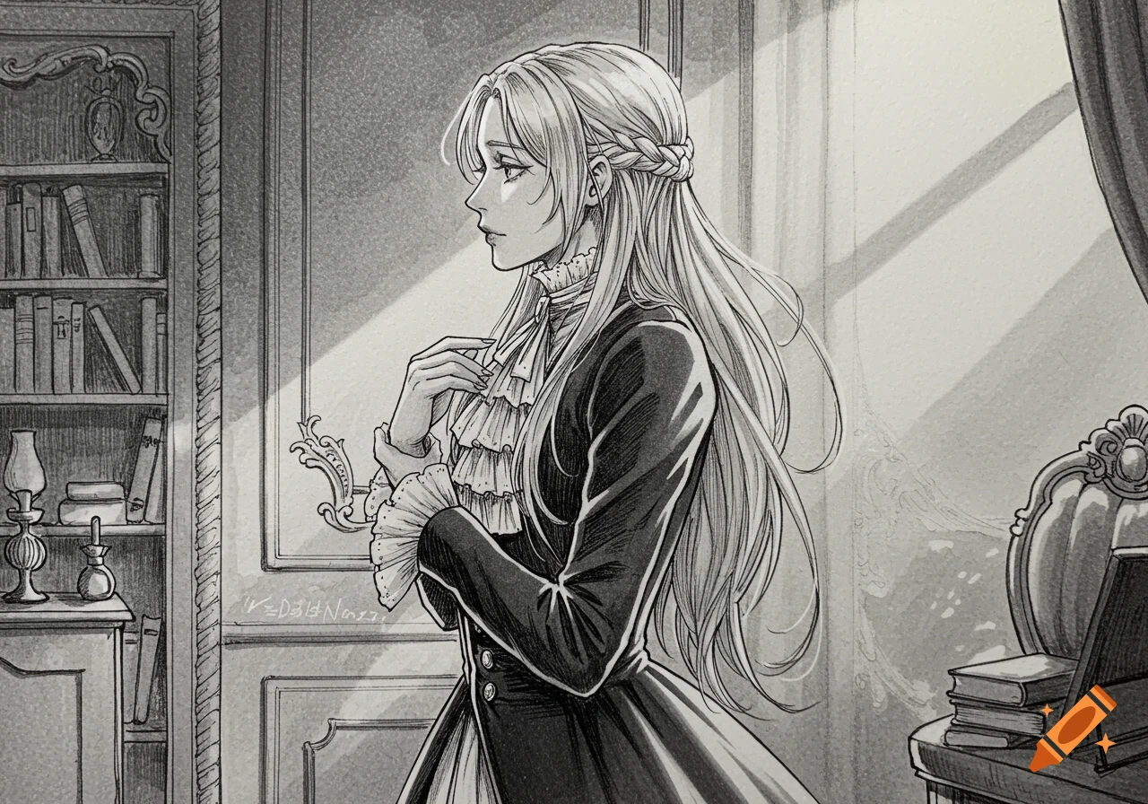 A black and white anime-style illustration of a woman with long hair and a braided part, dressed in a ruffled, collared gown, standing in a room with a bookcase and window.