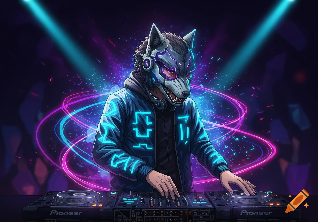 An anime-styled DJ in a futuristic wolf mask and a digital bomber jacket, mixing on turntables under neon lights.