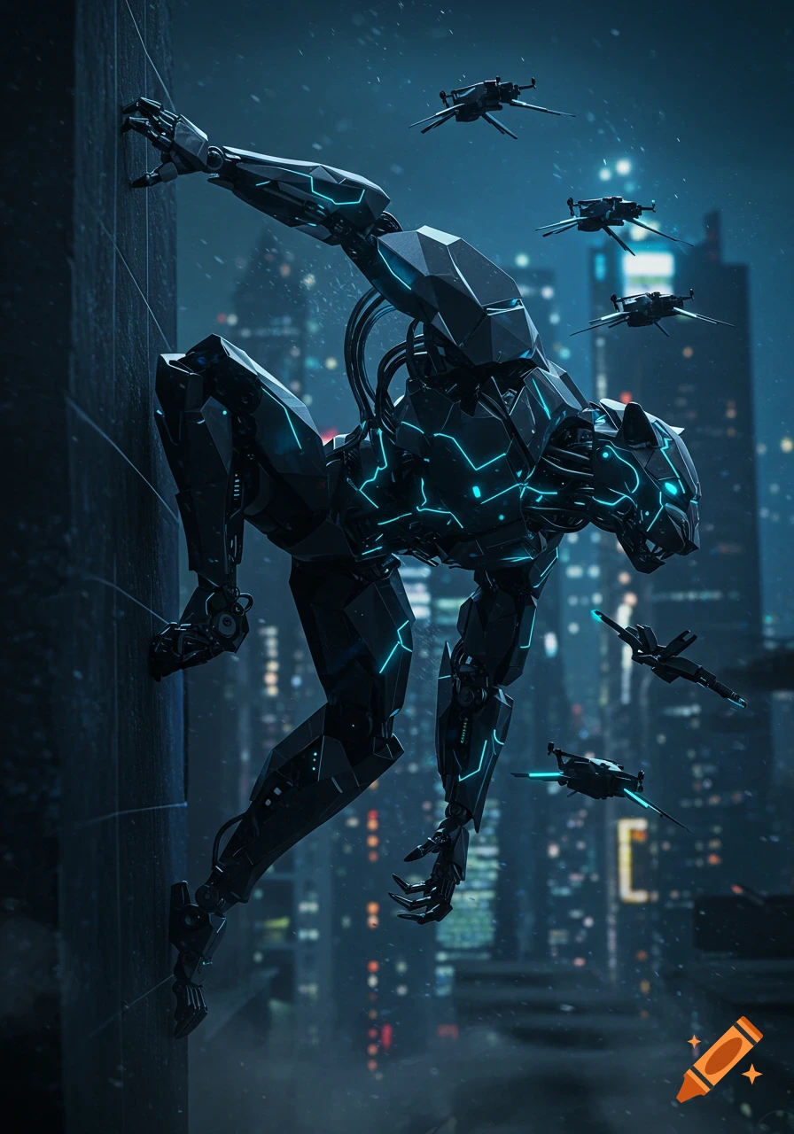 A dark, sleek cybernetic panther-like robot with glowing blue accents scales a skyscraper in a futuristic cityscape at night, with small drones flying nearby.