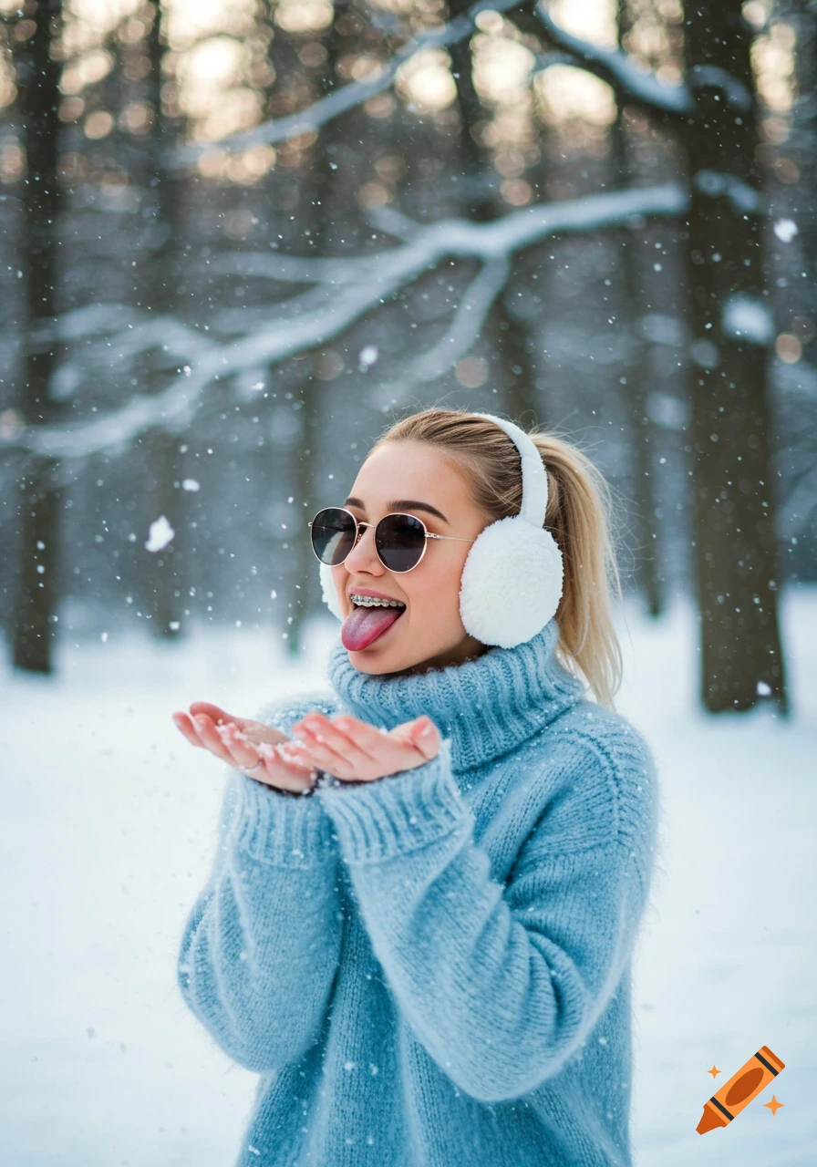 A woman in a blue sweater and earmuffs catches snowflakes with her tongue in a snowy forest. Photorealistic.