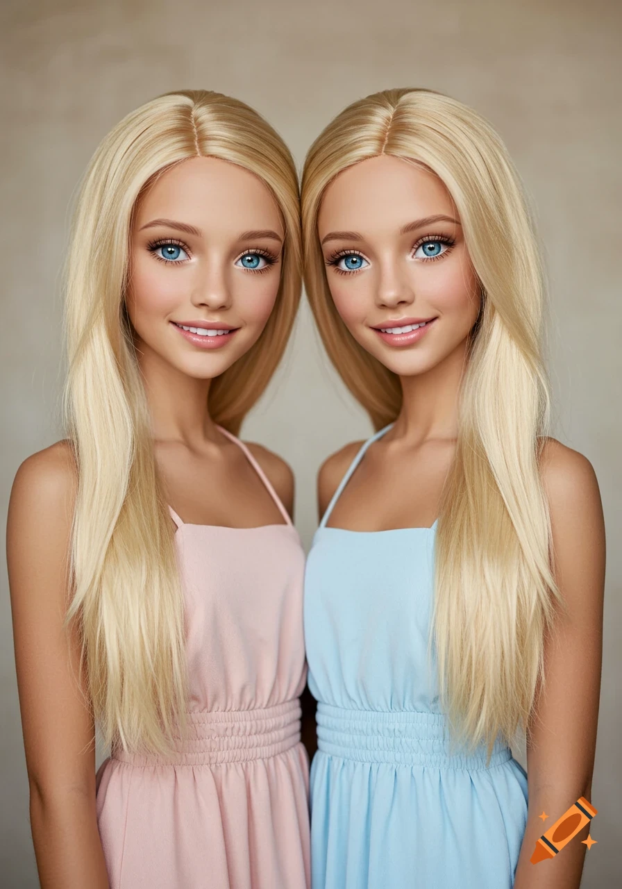 Photorealistic portrait of identical twin girls with long blonde hair and blue eyes, one in a pink dress and one in a light blue dress.