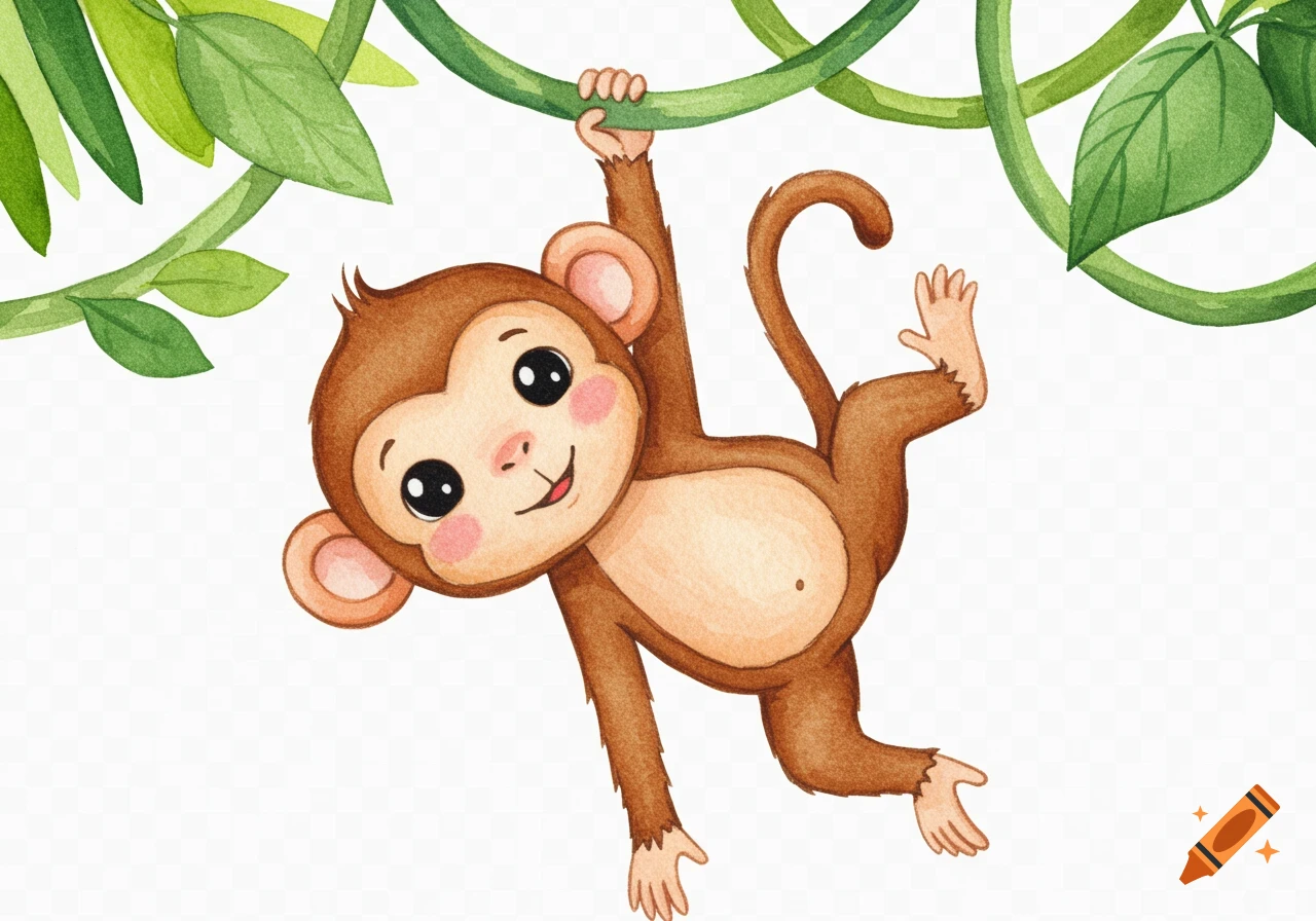 A cute watercolor illustration of a smiling monkey hanging playfully from green jungle vines.