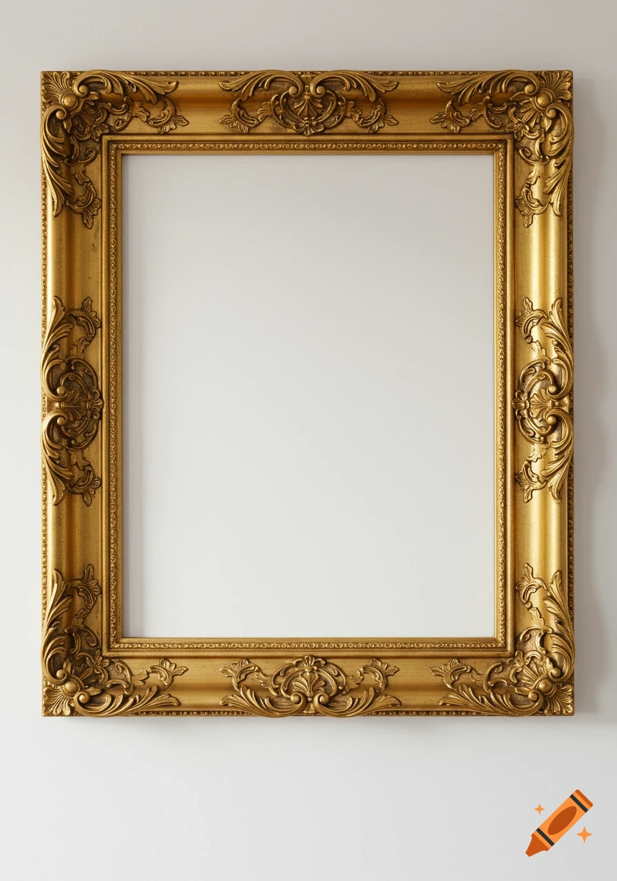 An ornate golden picture frame with intricate carvings hangs centered on a plain white wall.